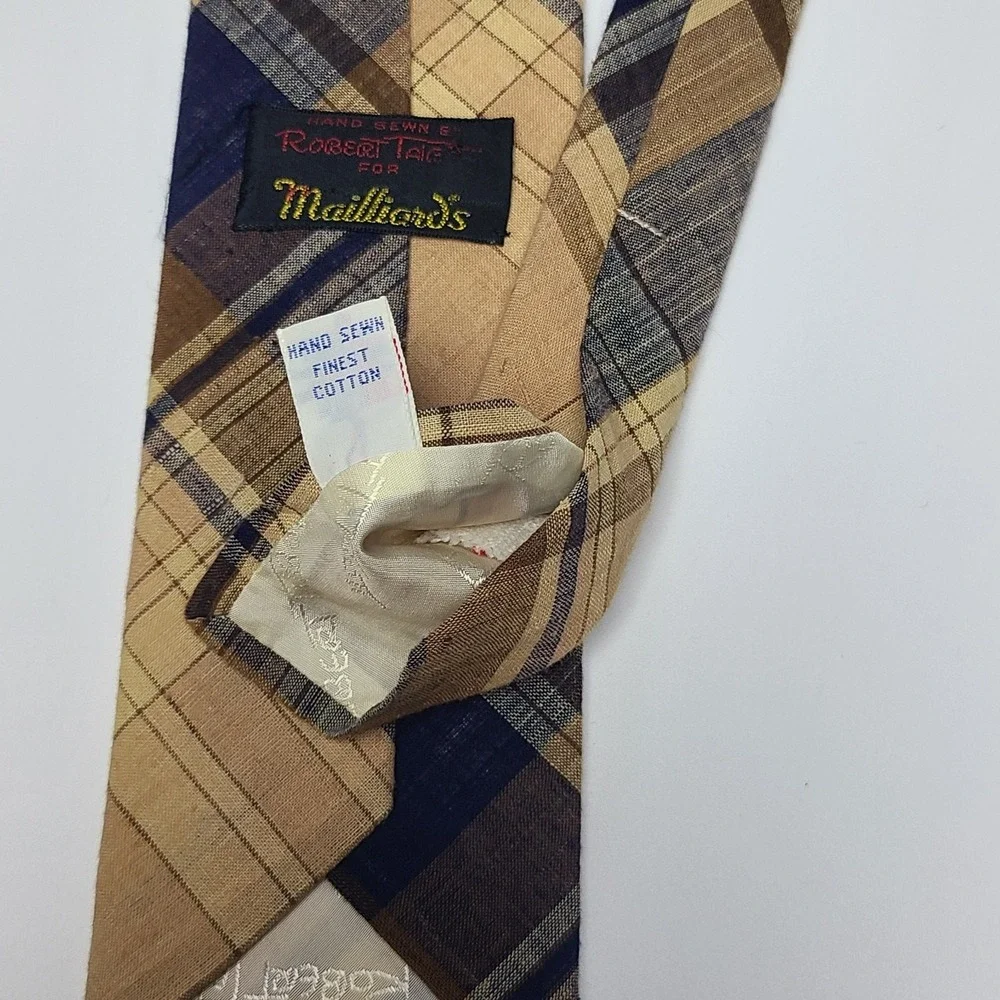 Robert Talbott Vintage Necktie Blue Brown Plaid Tartan Cotton 57